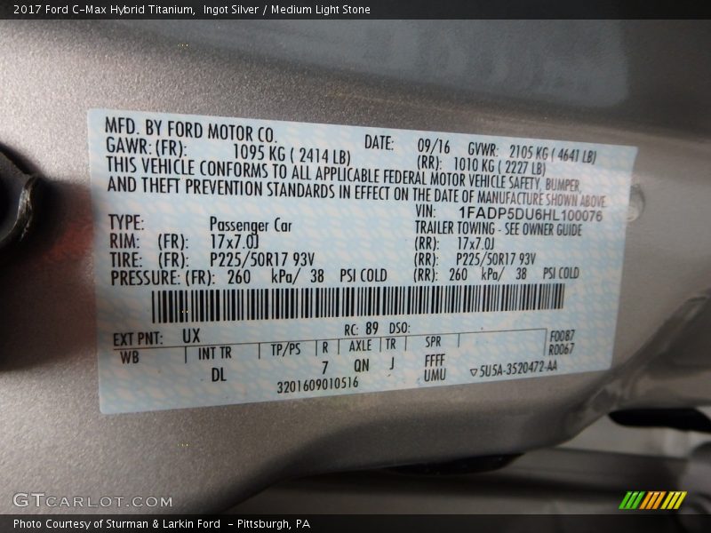 2017 C-Max Hybrid Titanium Ingot Silver Color Code UX