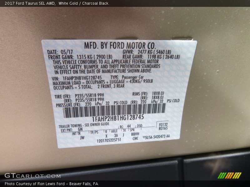 White Gold / Charcoal Black 2017 Ford Taurus SEL AWD