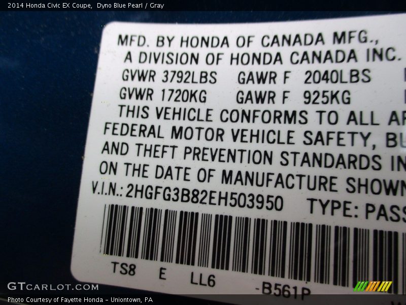 Dyno Blue Pearl / Gray 2014 Honda Civic EX Coupe
