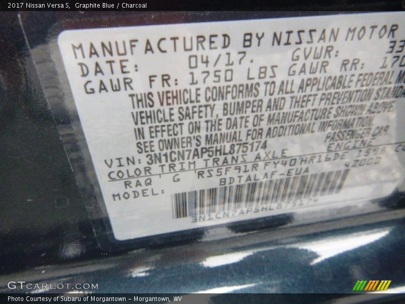 Graphite Blue / Charcoal 2017 Nissan Versa S