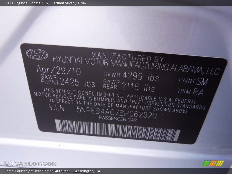 Radiant Silver / Gray 2011 Hyundai Sonata GLS