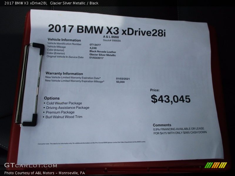 Glacier Silver Metallic / Black 2017 BMW X3 xDrive28i