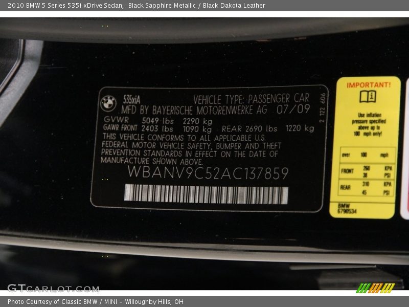 Black Sapphire Metallic / Black Dakota Leather 2010 BMW 5 Series 535i xDrive Sedan