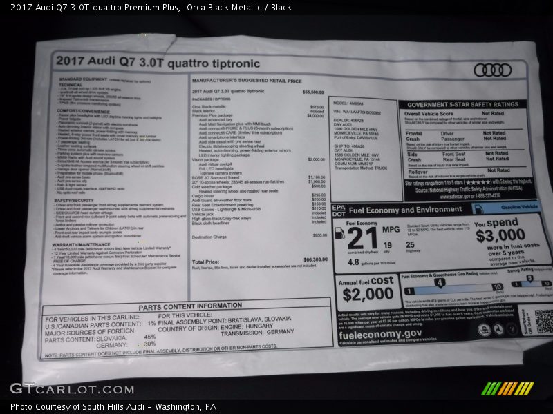 Orca Black Metallic / Black 2017 Audi Q7 3.0T quattro Premium Plus
