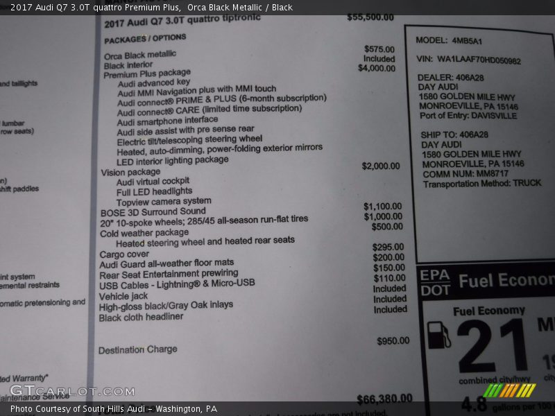 Orca Black Metallic / Black 2017 Audi Q7 3.0T quattro Premium Plus