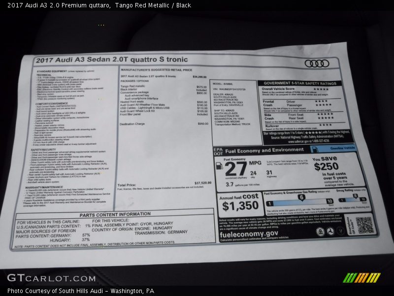 Tango Red Metallic / Black 2017 Audi A3 2.0 Premium quttaro