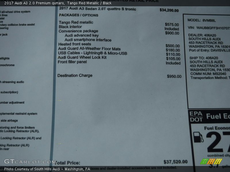 Tango Red Metallic / Black 2017 Audi A3 2.0 Premium quttaro
