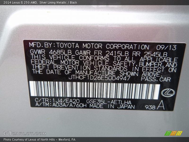 Silver Lining Metallic / Black 2014 Lexus IS 250 AWD