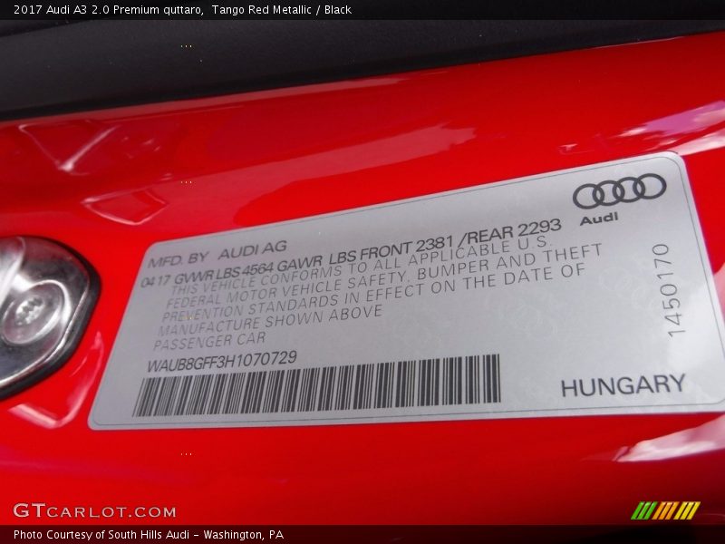Tango Red Metallic / Black 2017 Audi A3 2.0 Premium quttaro