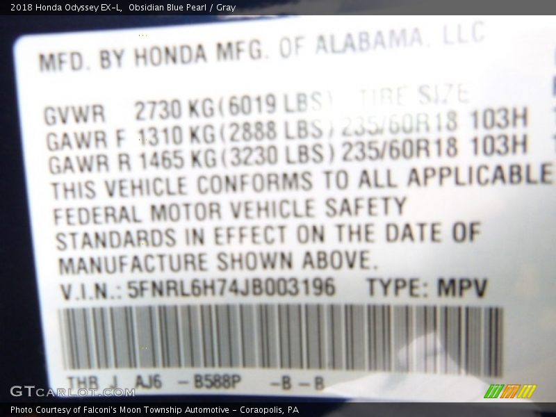 2018 Odyssey EX-L Obsidian Blue Pearl Color Code B588P
