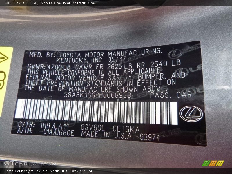 Nebula Gray Pearl / Stratus Gray 2017 Lexus ES 350