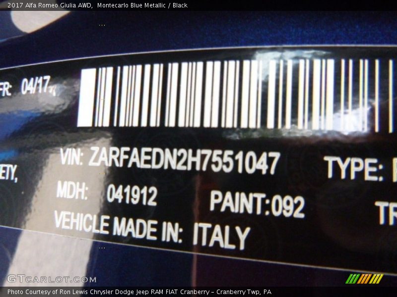 2017 Giulia AWD Montecarlo Blue Metallic Color Code 092
