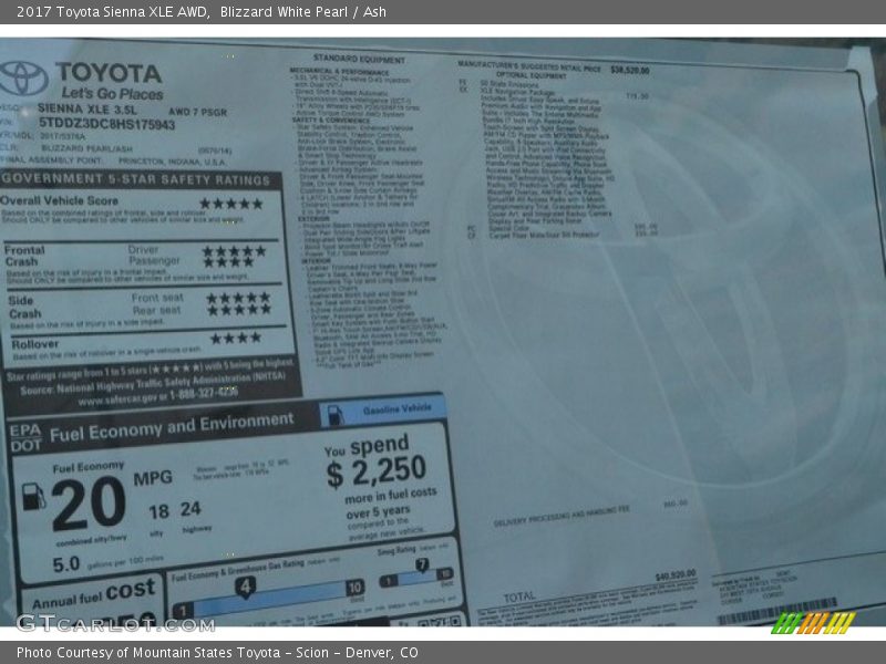 Blizzard White Pearl / Ash 2017 Toyota Sienna XLE AWD