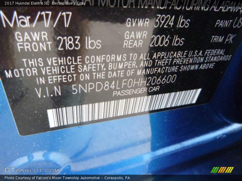 Electric Blue / Gray 2017 Hyundai Elantra SE