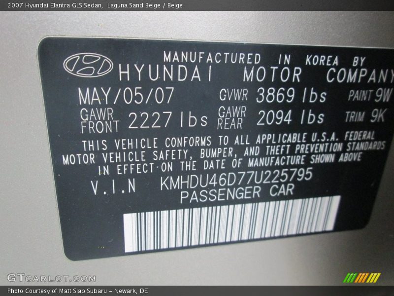 Laguna Sand Beige / Beige 2007 Hyundai Elantra GLS Sedan