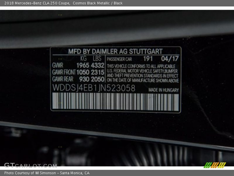 2018 CLA 250 Coupe Cosmos Black Metallic Color Code 191