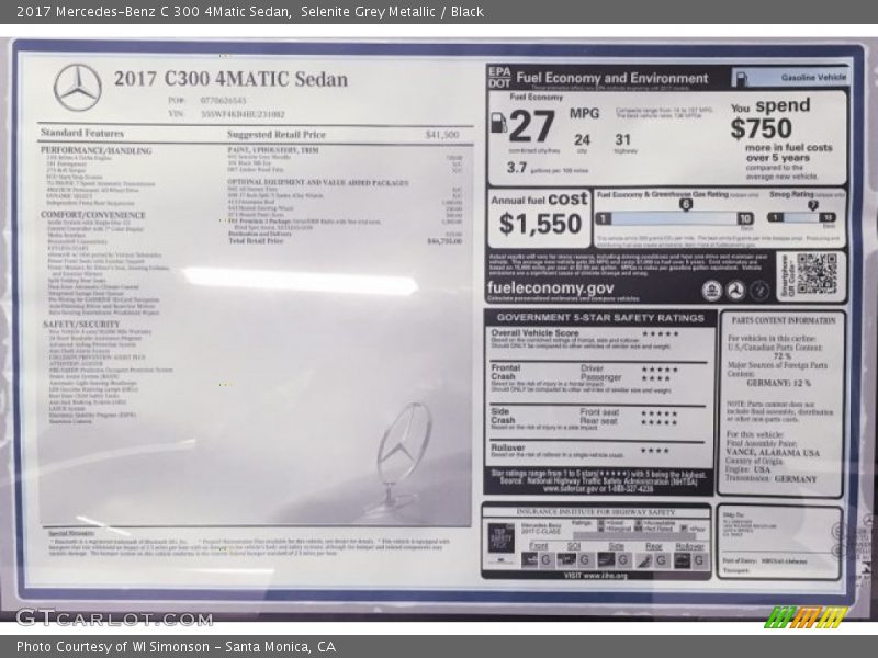  2017 C 300 4Matic Sedan Window Sticker