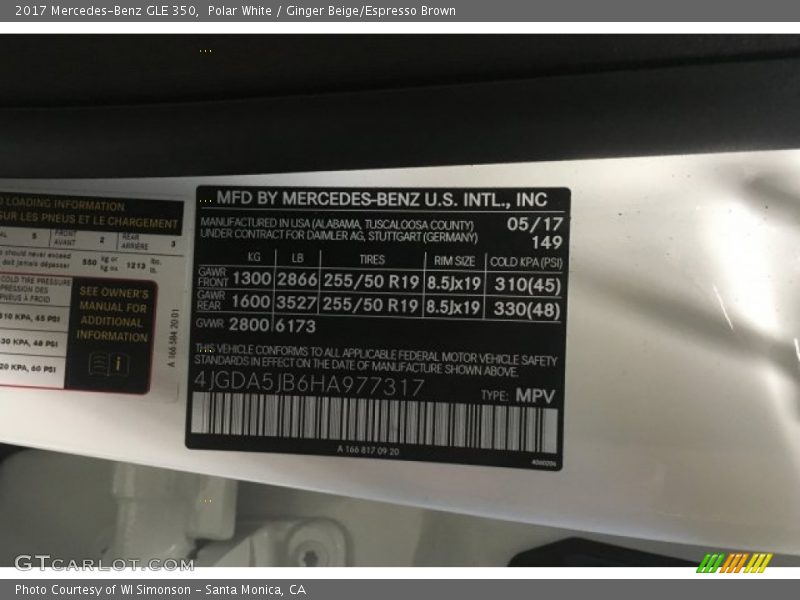 Polar White / Ginger Beige/Espresso Brown 2017 Mercedes-Benz GLE 350