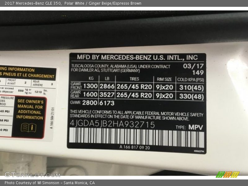 Polar White / Ginger Beige/Espresso Brown 2017 Mercedes-Benz GLE 350