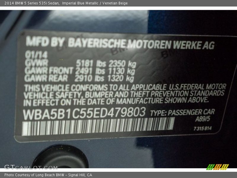 Imperial Blue Metallic / Venetian Beige 2014 BMW 5 Series 535i Sedan
