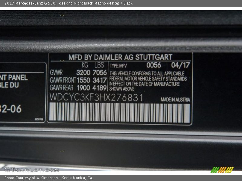 2017 G 550 designo Night Black Magno (Matte) Color Code 0056