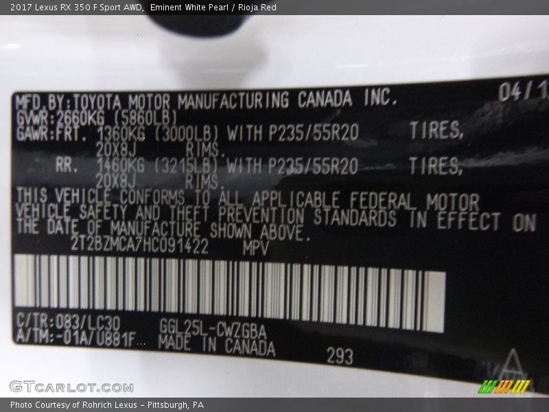 Eminent White Pearl / Rioja Red 2017 Lexus RX 350 F Sport AWD