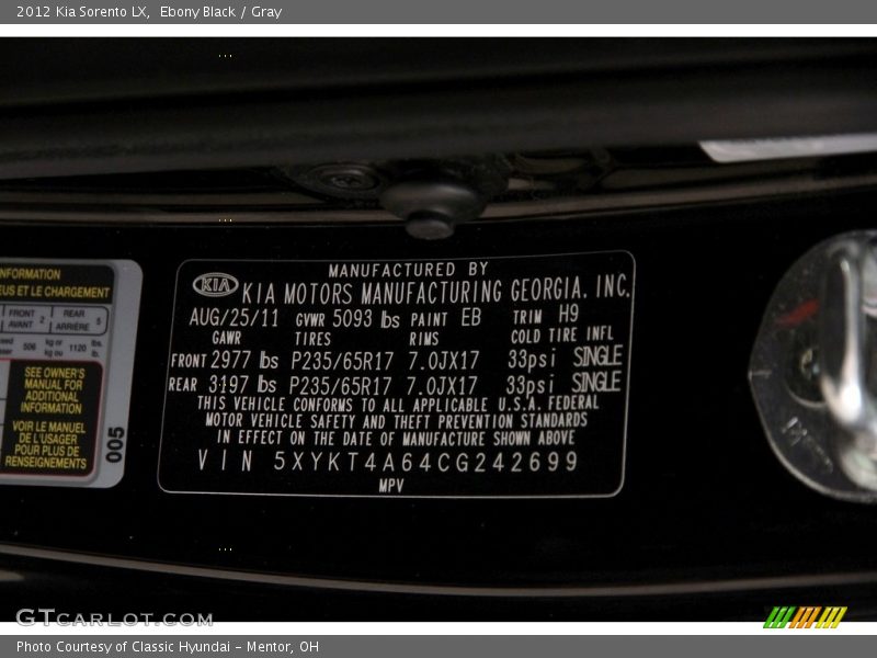 Ebony Black / Gray 2012 Kia Sorento LX