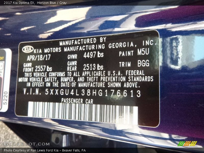 2017 Optima EX Horizon Blue Color Code M5U