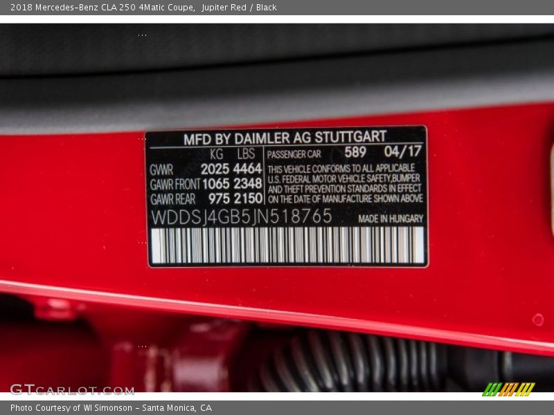 2018 CLA 250 4Matic Coupe Jupiter Red Color Code 589