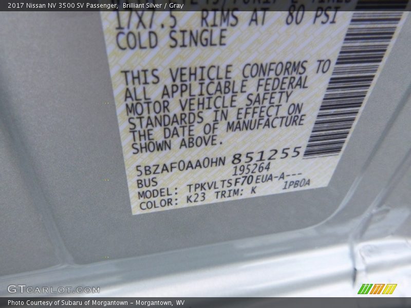 2017 NV 3500 SV Passenger Brilliant Silver Color Code K23