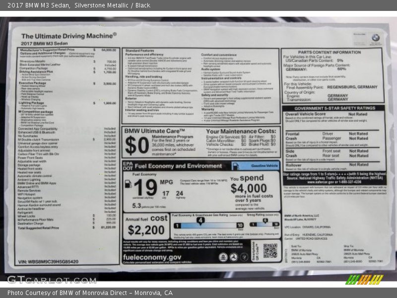 2017 M3 Sedan Window Sticker