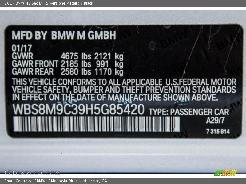 2017 M3 Sedan Silverstone Metallic Color Code A29