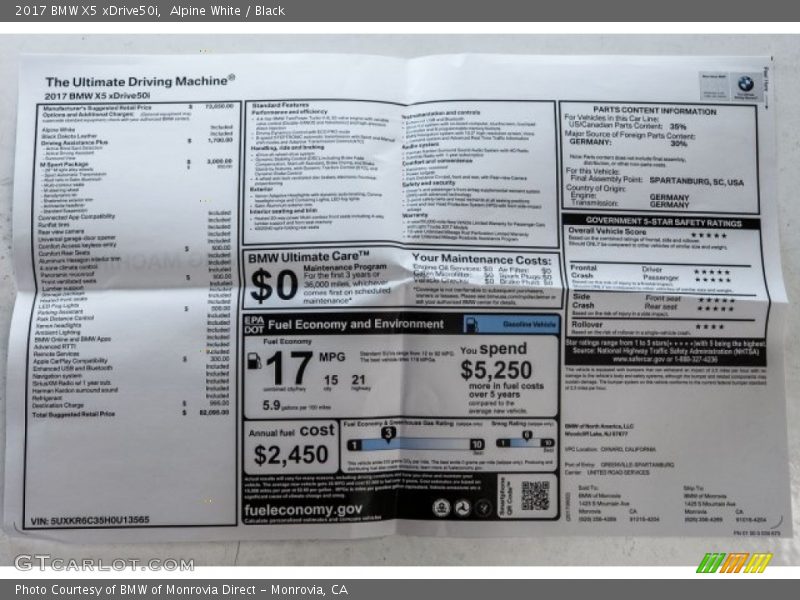  2017 X5 xDrive50i Window Sticker