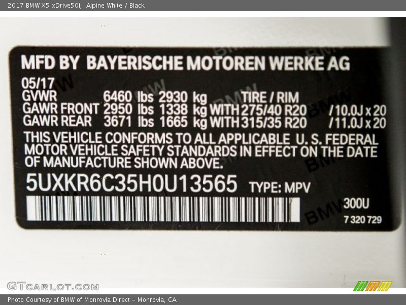 2017 X5 xDrive50i Alpine White Color Code 300