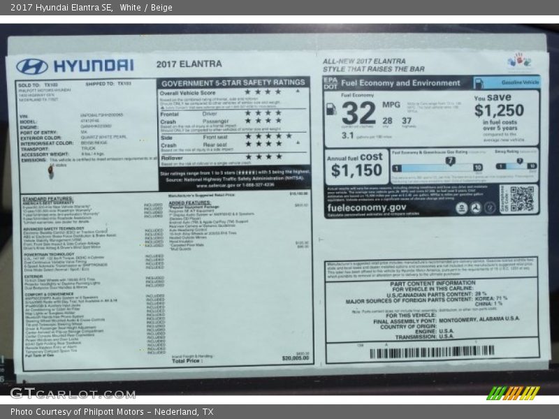 White / Beige 2017 Hyundai Elantra SE