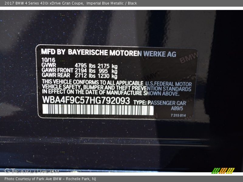 Imperial Blue Metallic / Black 2017 BMW 4 Series 430i xDrive Gran Coupe