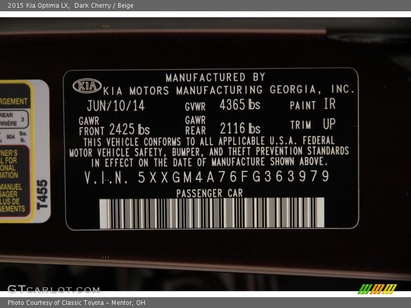 Dark Cherry / Beige 2015 Kia Optima LX