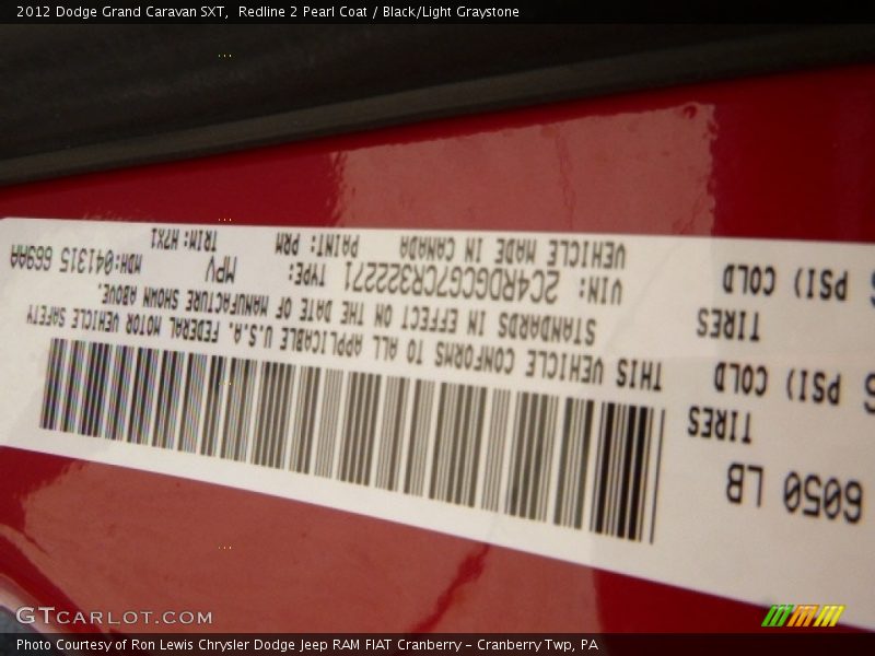Redline 2 Pearl Coat / Black/Light Graystone 2012 Dodge Grand Caravan SXT