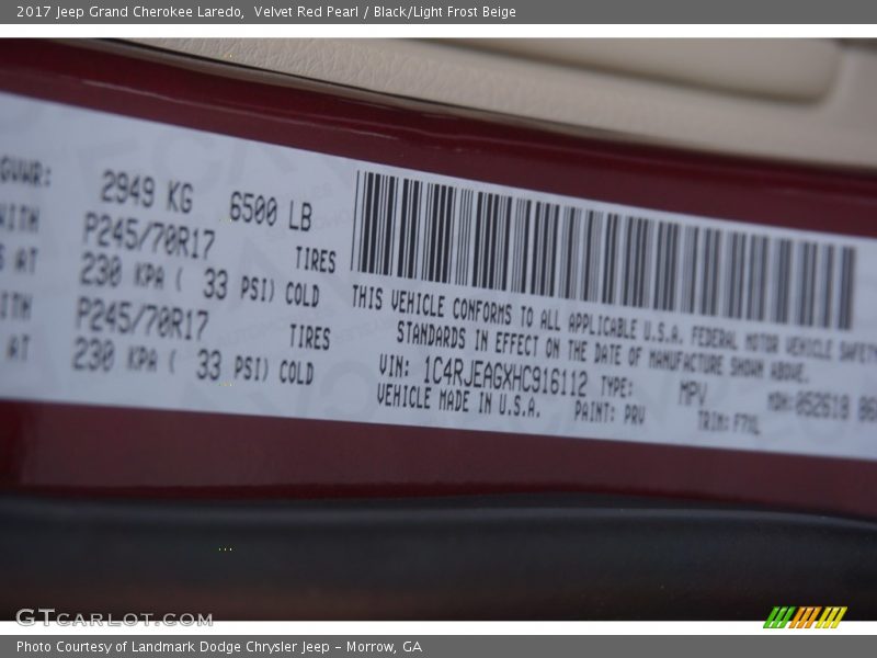 Velvet Red Pearl / Black/Light Frost Beige 2017 Jeep Grand Cherokee Laredo