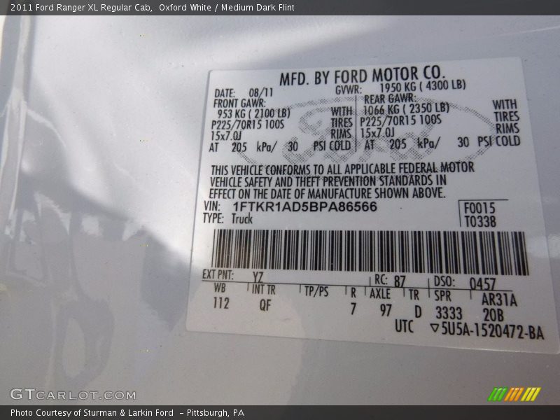 Oxford White / Medium Dark Flint 2011 Ford Ranger XL Regular Cab