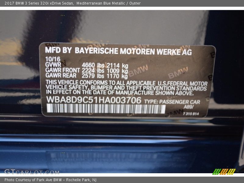 Mediterranean Blue Metallic / Oyster 2017 BMW 3 Series 320i xDrive Sedan