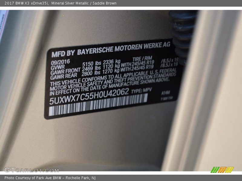Mineral Silver Metallic / Saddle Brown 2017 BMW X3 xDrive35i