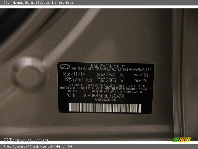 Bronze / Beige 2014 Hyundai Elantra SE Sedan