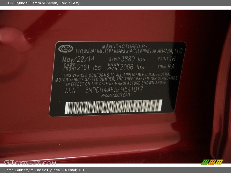 Red / Gray 2014 Hyundai Elantra SE Sedan