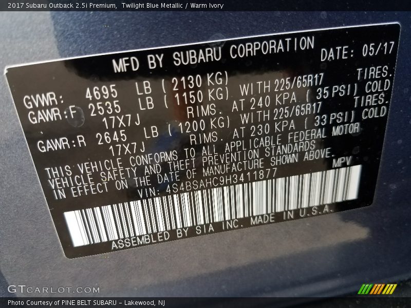Twilight Blue Metallic / Warm Ivory 2017 Subaru Outback 2.5i Premium
