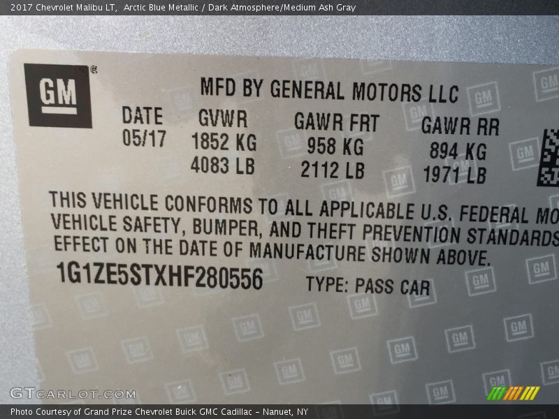 Arctic Blue Metallic / Dark Atmosphere/Medium Ash Gray 2017 Chevrolet Malibu LT