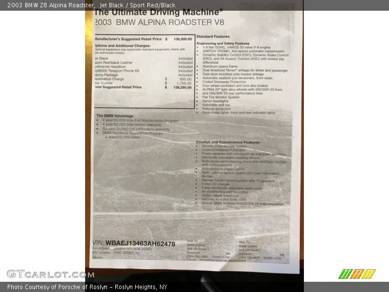  2003 Z8 Alpina Roadster Window Sticker