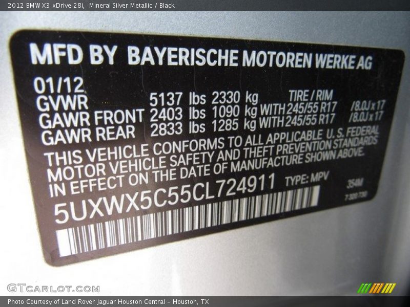 Mineral Silver Metallic / Black 2012 BMW X3 xDrive 28i
