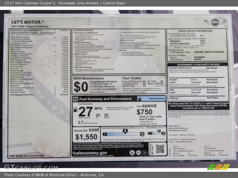 Moonwalk Grey Metallic / Carbon Black 2017 Mini Clubman Cooper S