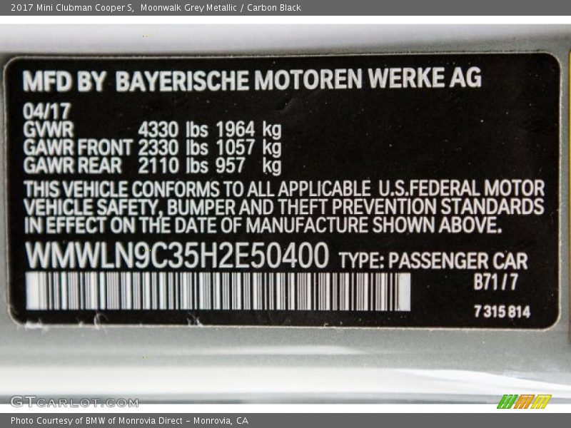 Moonwalk Grey Metallic / Carbon Black 2017 Mini Clubman Cooper S
